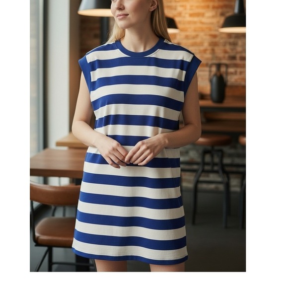 entro Dresses & Skirts - Entro Charley Blue Ivory Striped Capped Sleeve Mini Dress Size S Pockets Casual‎